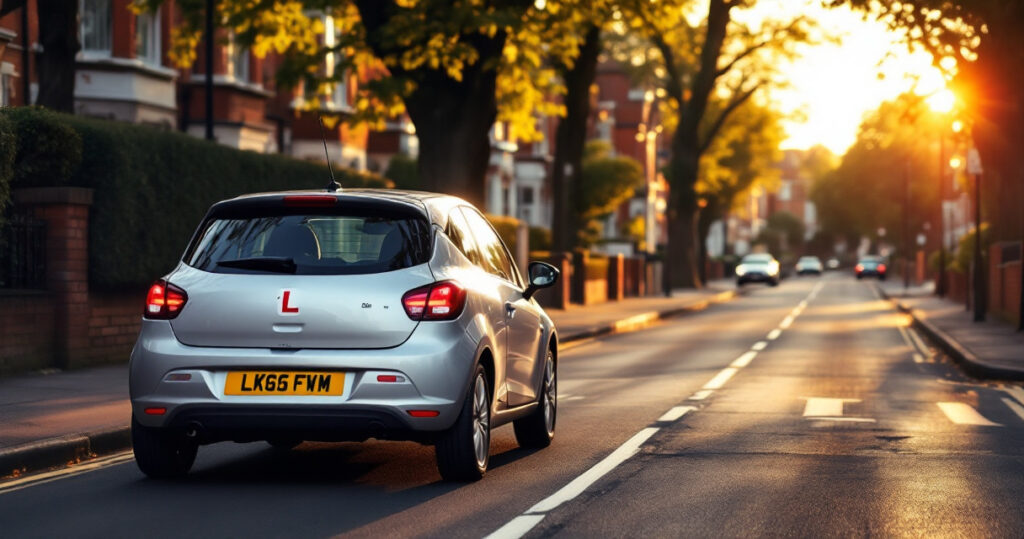 A learner car with red L-plates on a quiet British residential street at golden hour