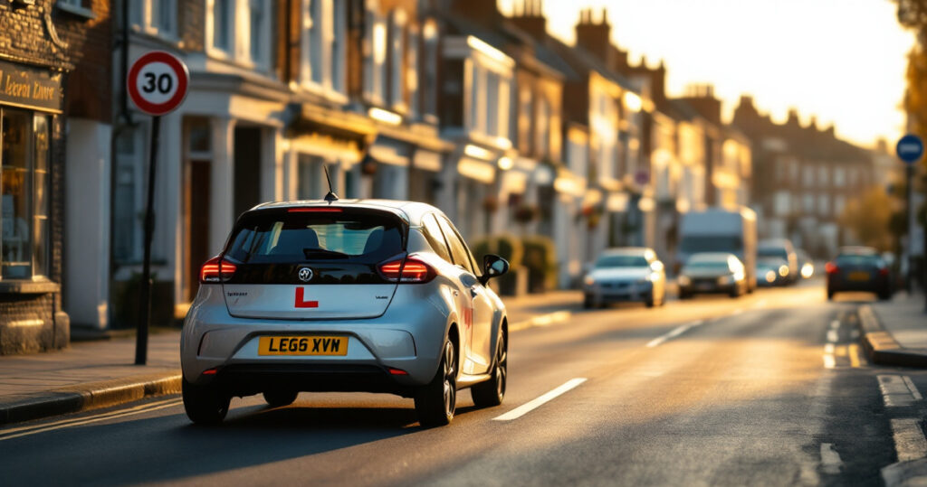 A learner car with a red L-plate driving through a quiet British town at golden hour
