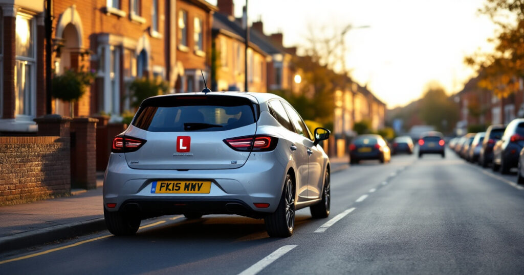 A learner car with a red L-plate parked on a quiet British street