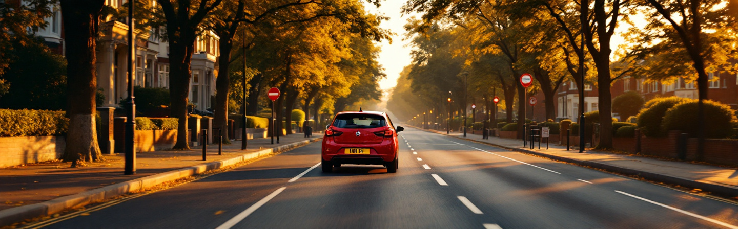 A learner car on an open road toward Evesham at golden hour