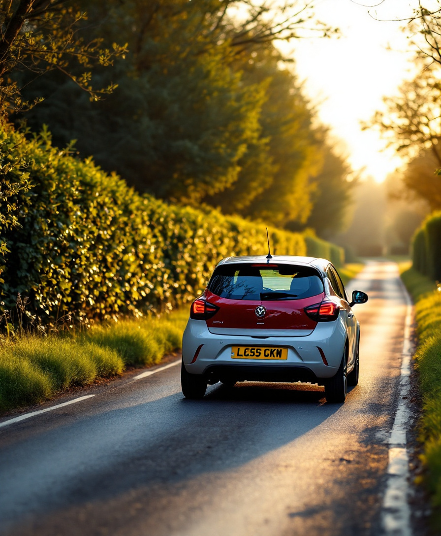 A learner car on a tree-lined Evesham street at golden hour