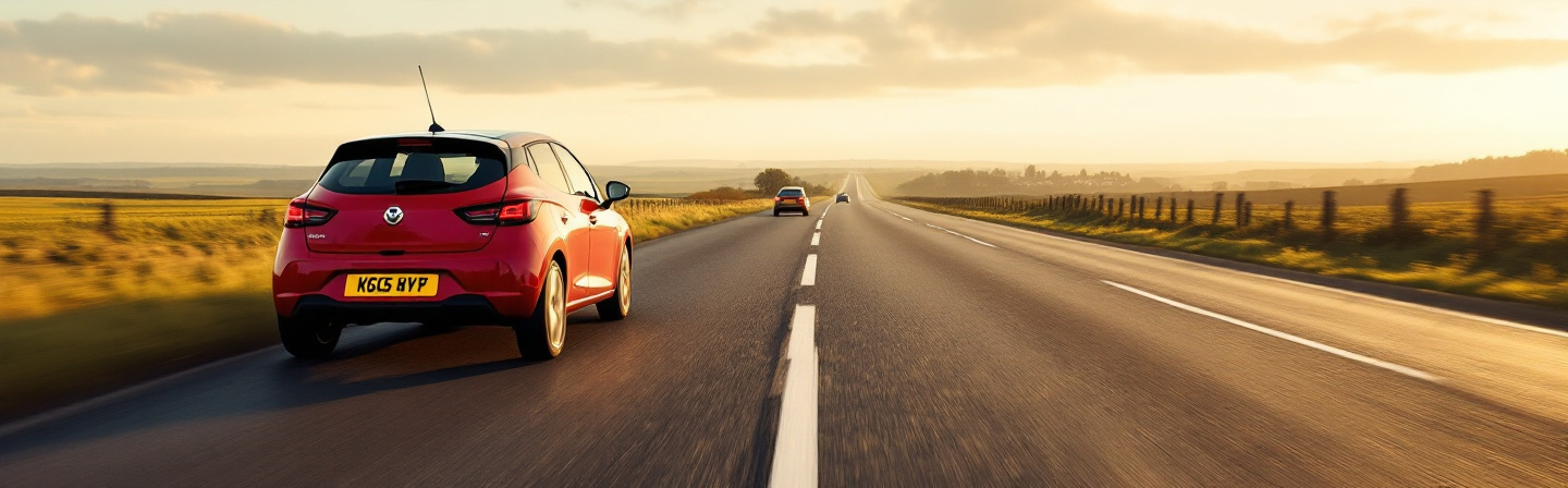 A learner car on an open road toward Ormskirk at golden hour
