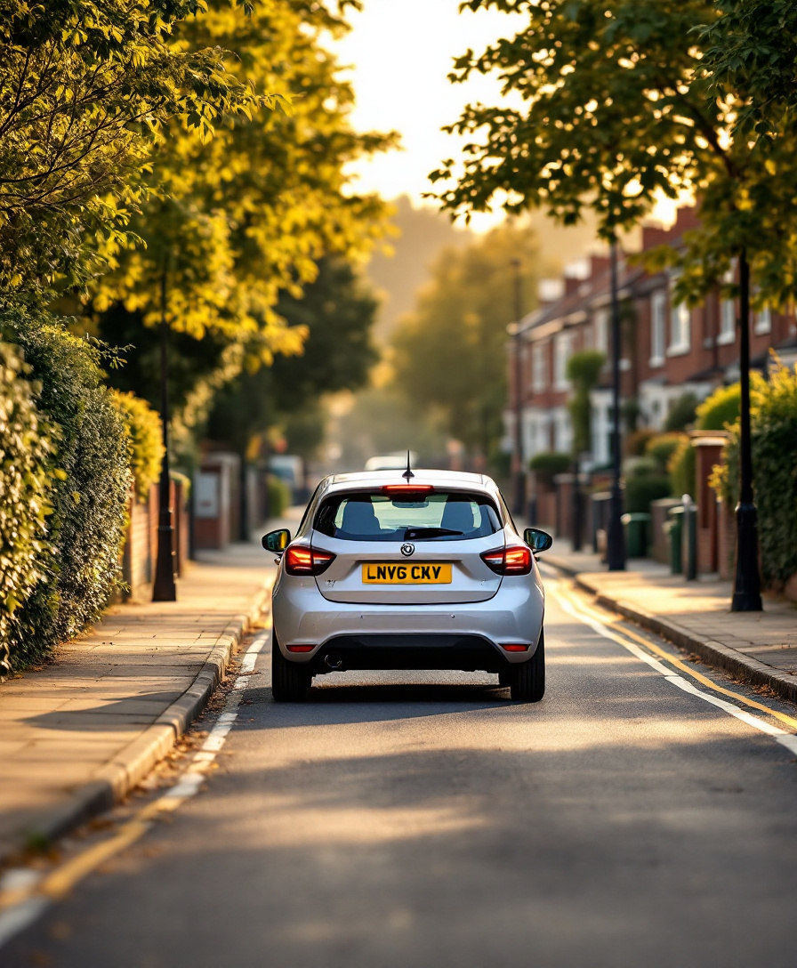 A learner car on a tree-lined Ormskirk street at golden hour