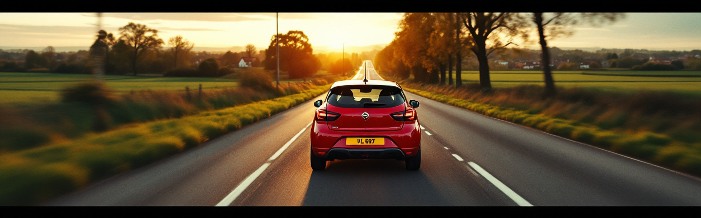 A learner car on an open road toward Towcester at golden hour