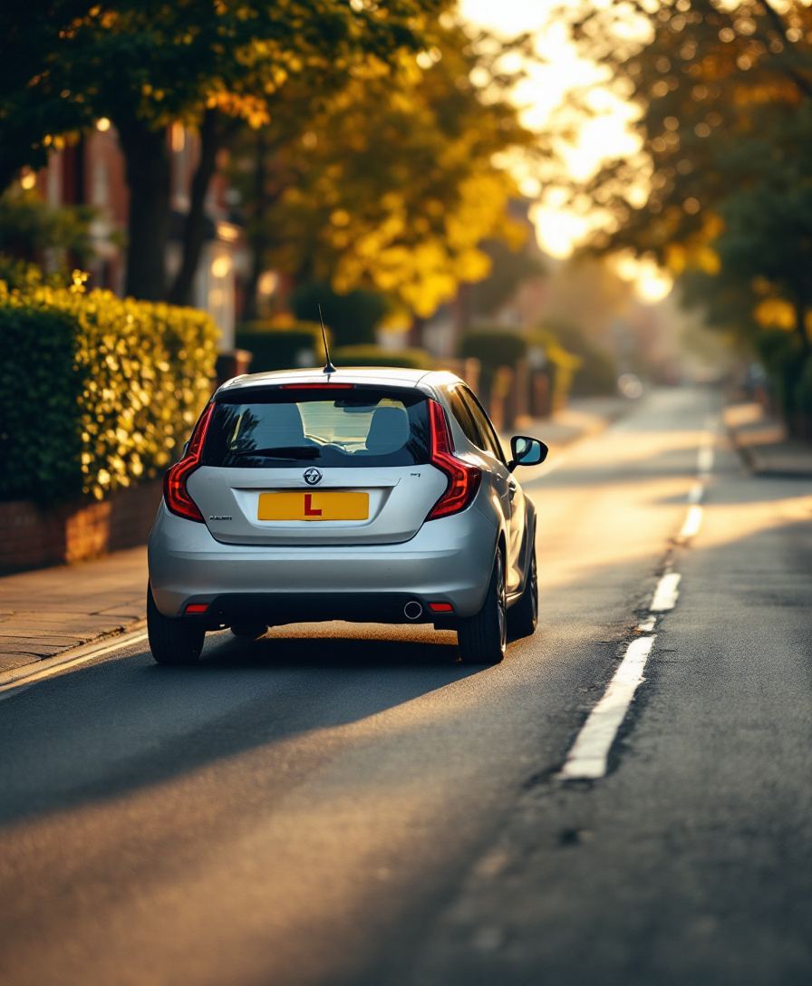 A learner car on a tree-lined Towcester street at golden hour