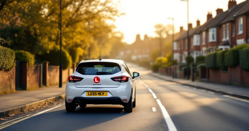 Learner driver's hatchback with a red L-plate keeping left on a quiet UK suburban street during a one-week intensive driving course