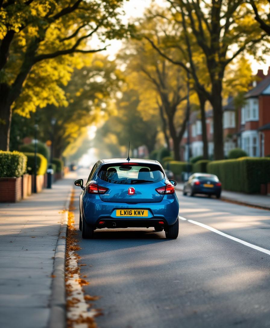 Learner driver on a leafy suburban street - intensive driving course