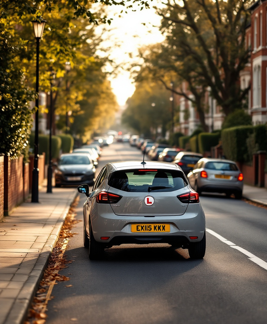 Learner driver on a leafy London suburban street - intensive driving course
