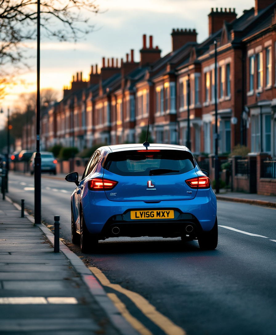 Learner driver on a Midlands red-brick terraced street - intensive driving course