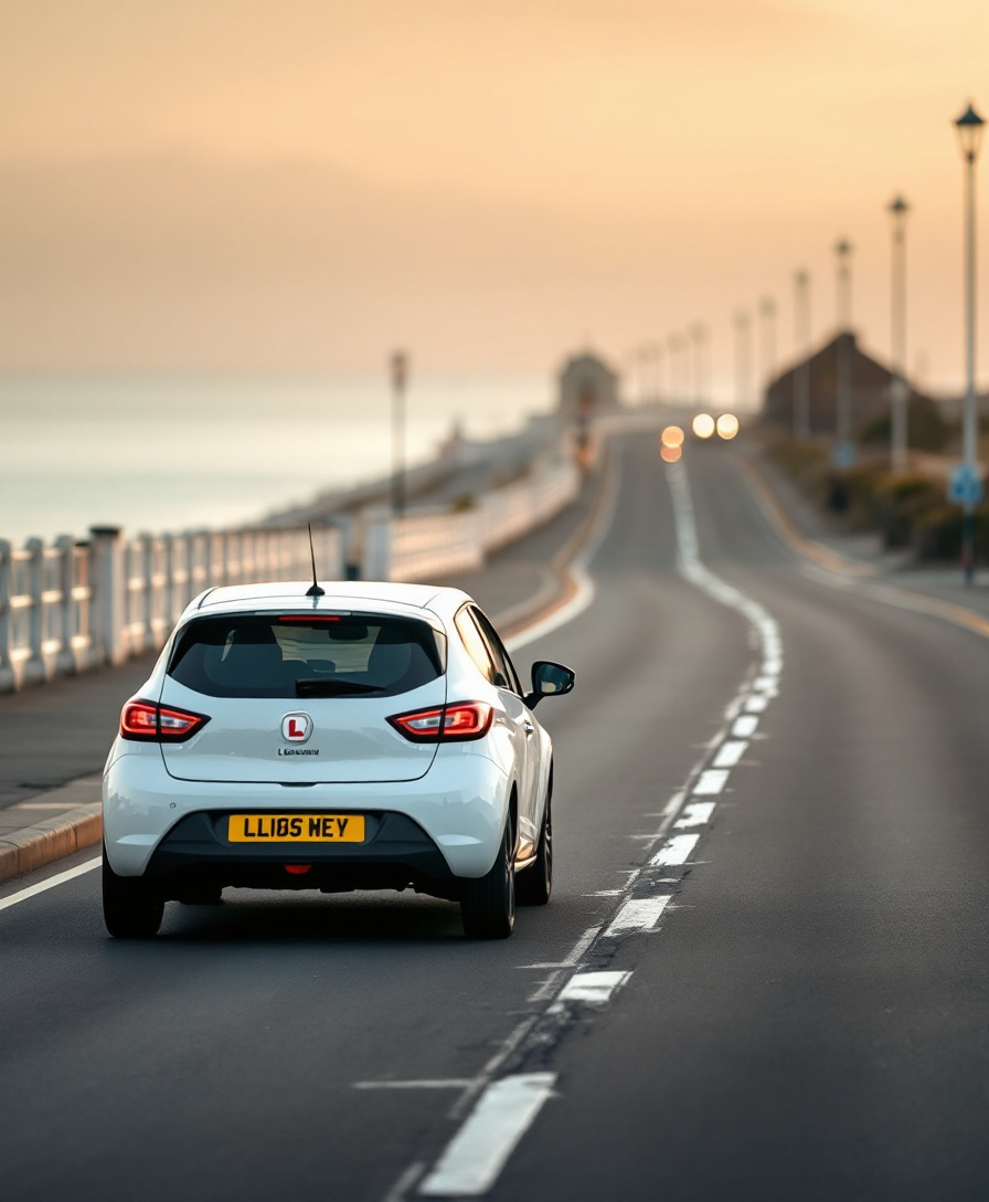 Learner driver on a seaside promenade road - intensive driving course