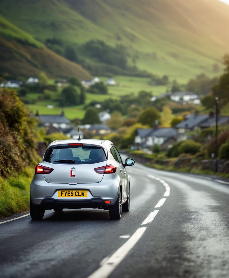 Learner driver on a Welsh valley road - intensive driving course