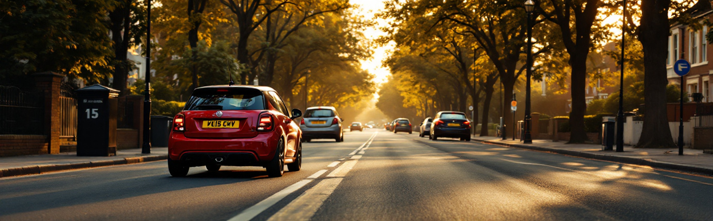 A learner car on a tree-lined British avenue at golden hour