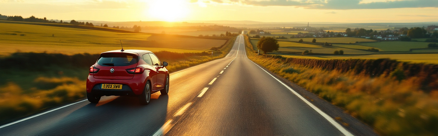A learner car on an open British A-road at golden hour