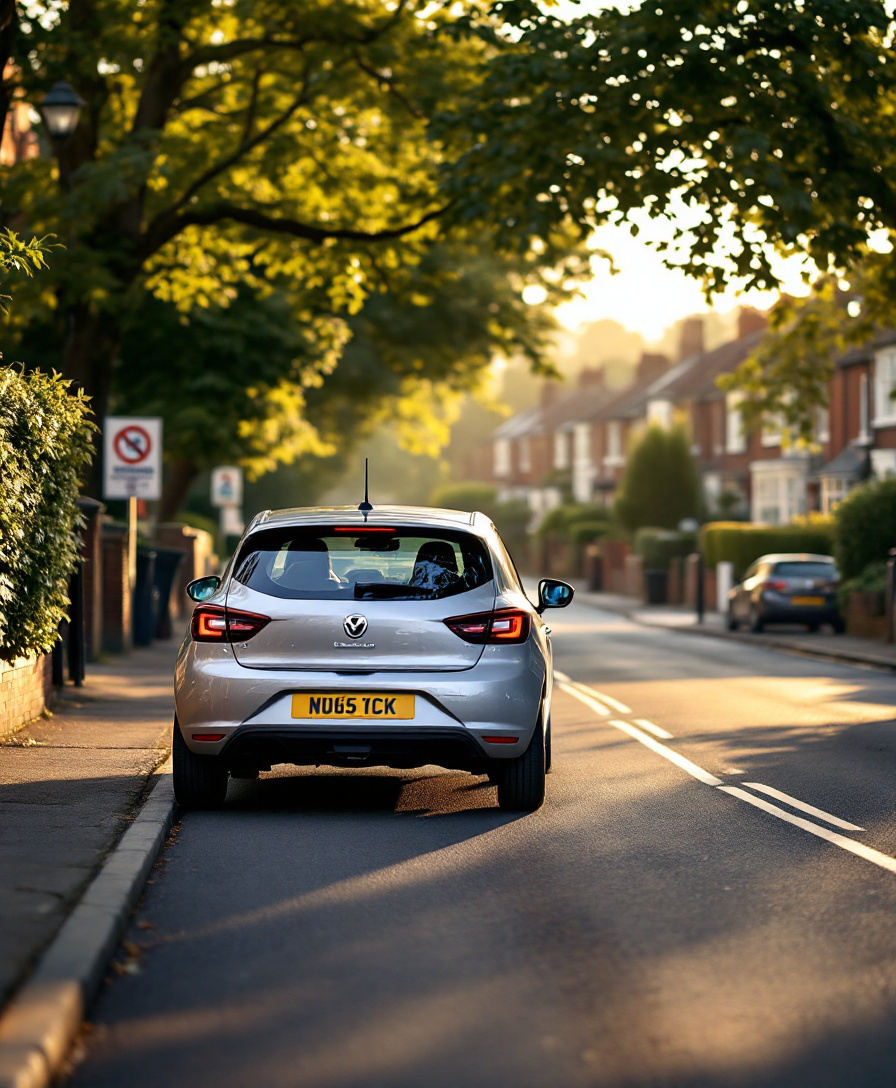 A learner car on a quiet British residential street at golden hour